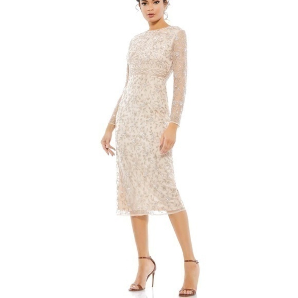 MAC DUGGAL Porcelain sheer long sleeve beaded tea length dress